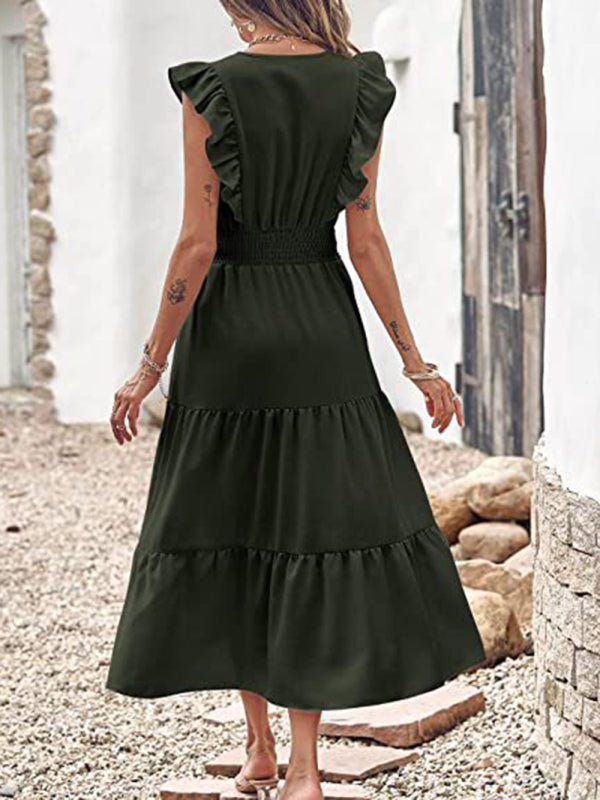 style sleeveless V-neck waist pleated dress with wooden ears