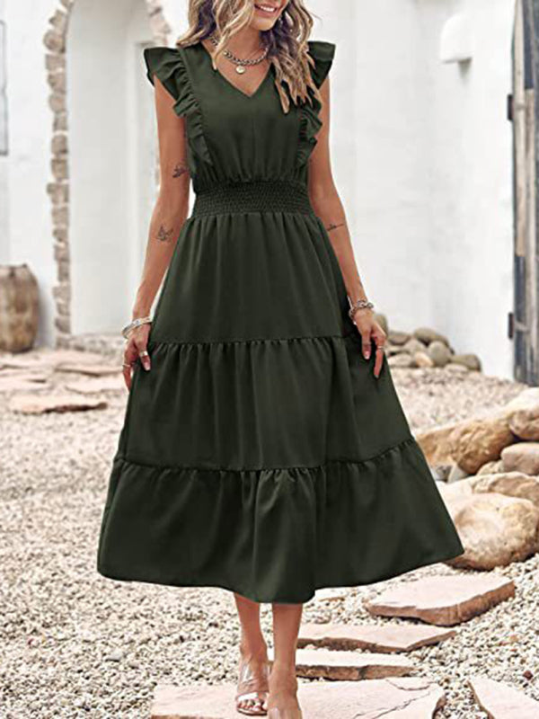 style sleeveless V-neck waist pleated dress with wooden ears