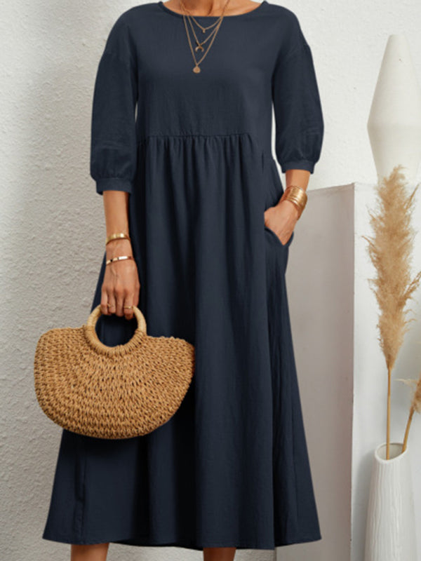 Solid color lantern sleeve loose cotton linen pocket dress