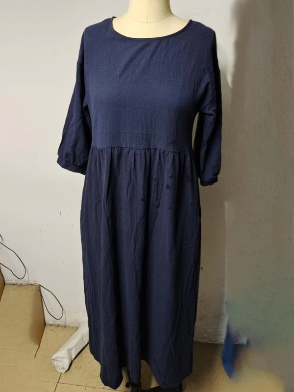 Solid color lantern sleeve loose cotton linen pocket dress