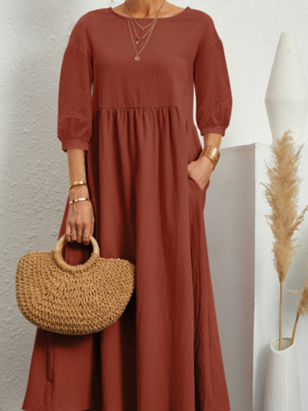 Solid color lantern sleeve loose cotton linen pocket dress