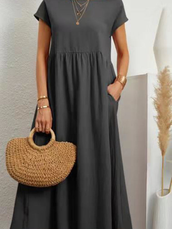 Solid color lantern sleeve loose cotton linen pocket dress