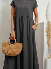 Solid color lantern sleeve loose cotton linen pocket dress
