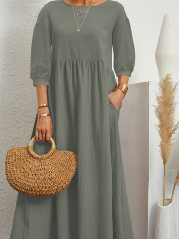 Solid color lantern sleeve loose cotton linen pocket dress