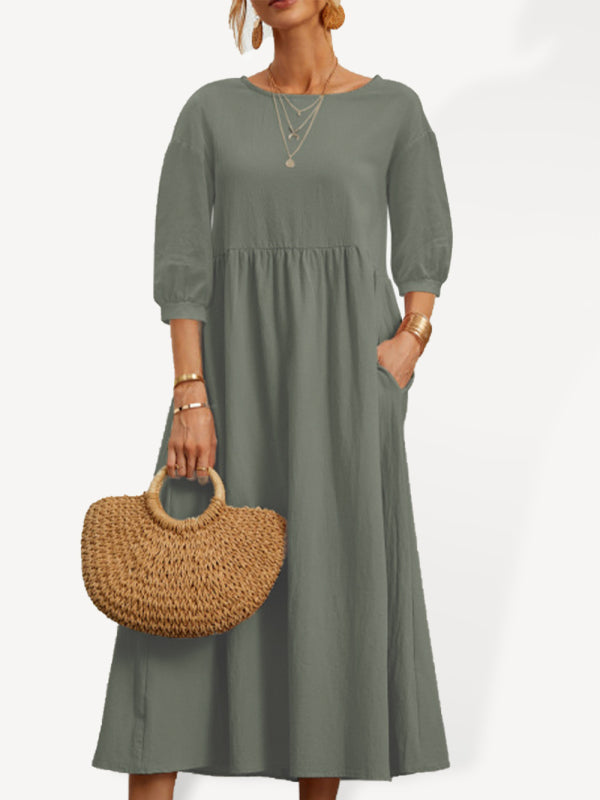 Solid color lantern sleeve loose cotton linen pocket dress