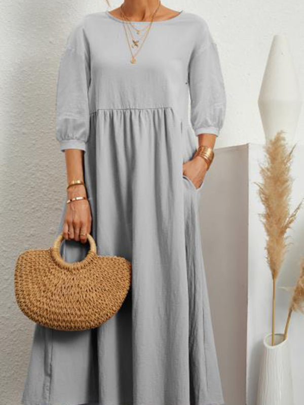 Solid color lantern sleeve loose cotton linen pocket dress