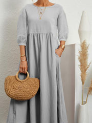 Solid color lantern sleeve loose cotton linen pocket dress