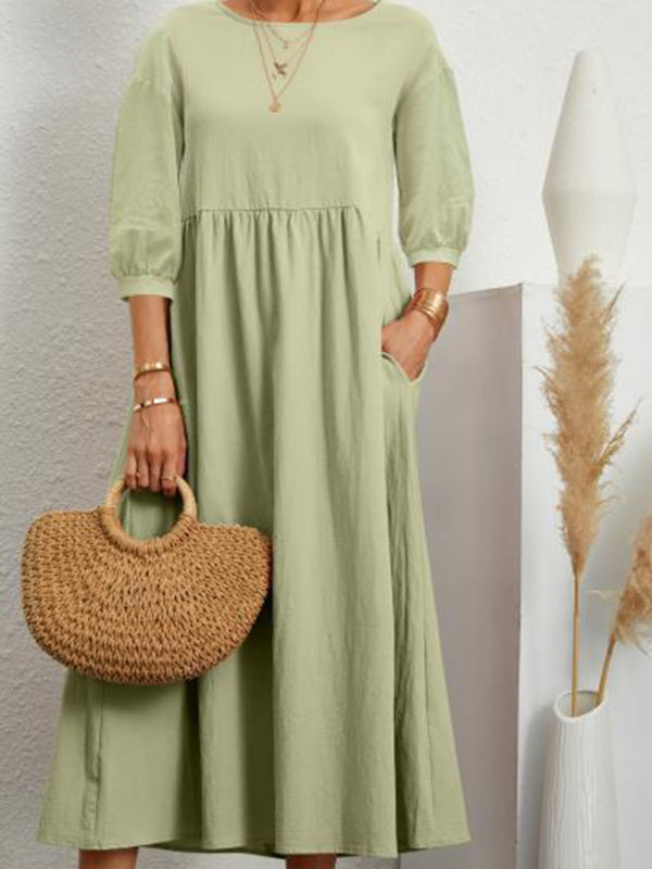 Solid color lantern sleeve loose cotton linen pocket dress