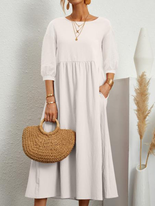 Solid color lantern sleeve loose cotton linen pocket dress