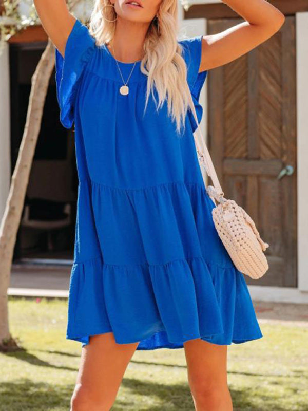Pleated Loose Solid Color Short Sleeve Dress