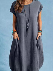 Cotton Linen Loose Casual Solid Color Pocket Dress