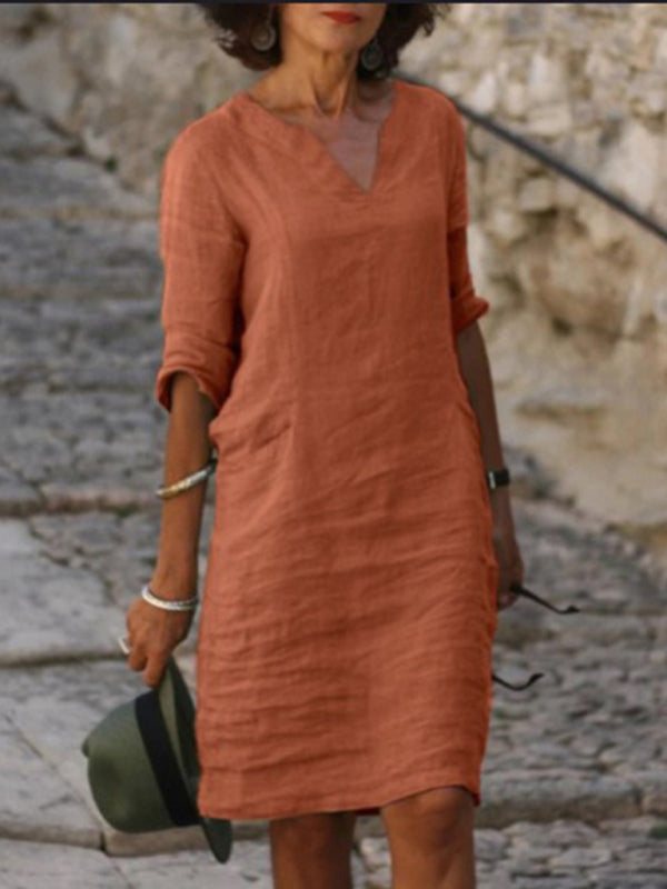 cotton and linen solid color slim V-neck mid-sleeved dress