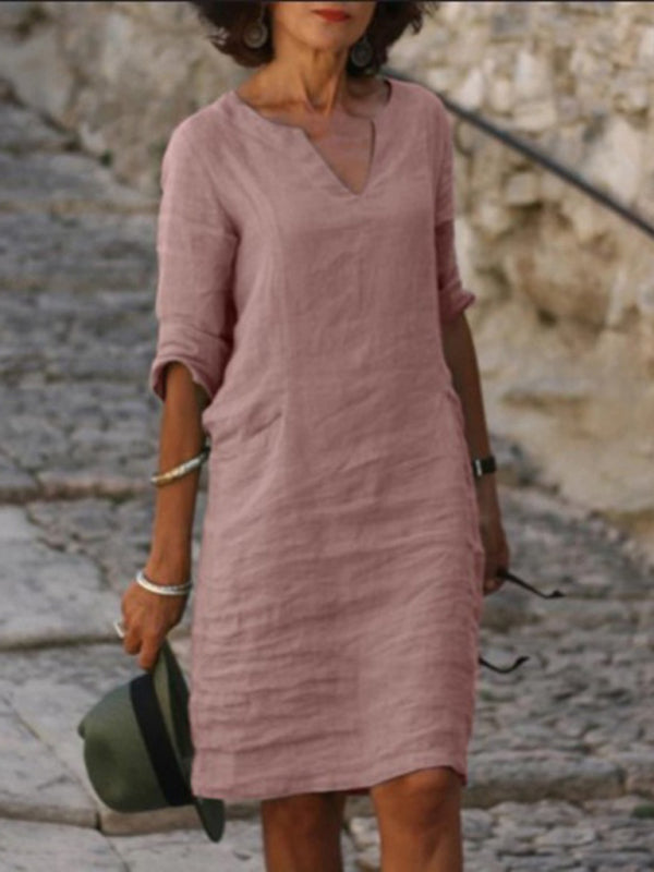 cotton and linen solid color slim V-neck mid-sleeved dress