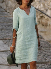 cotton and linen solid color slim V-neck mid-sleeved dress