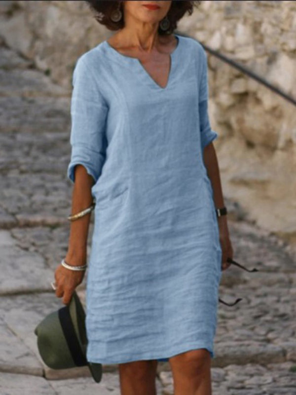 cotton and linen solid color slim V-neck mid-sleeved dress