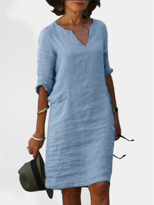 cotton and linen solid color slim V-neck mid-sleeved dress