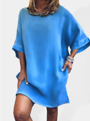 casual cotton linen solid color hem slit dress