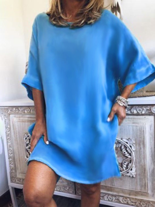 casual cotton linen solid color hem slit dress