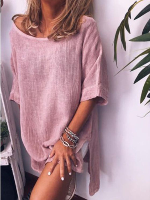 casual cotton linen solid color hem slit dress