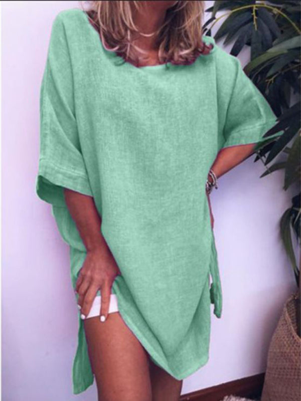 casual cotton linen solid color hem slit dress