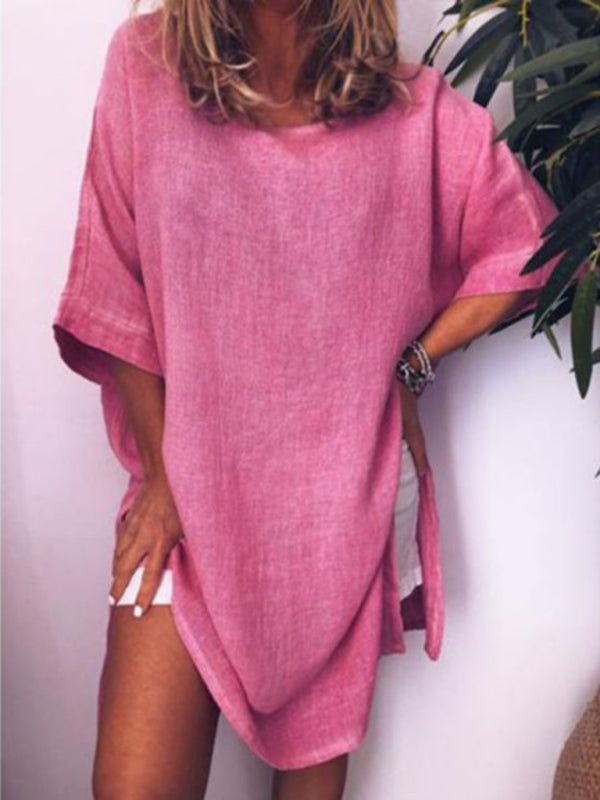 casual cotton linen solid color hem slit dress