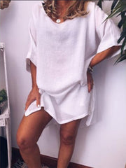 casual cotton linen solid color hem slit dress
