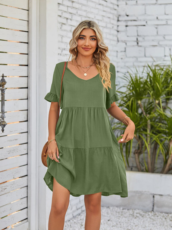 Casual V-Neck Babydoll Three Layer Pleated Dress