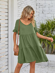 Casual V-Neck Babydoll Three Layer Pleated Dress
