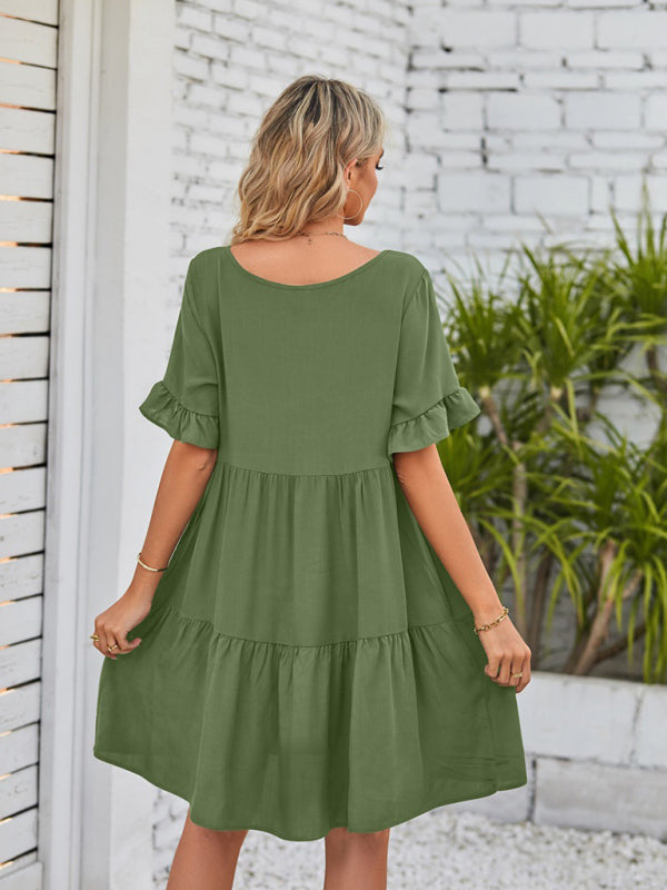 Casual V-Neck Babydoll Three Layer Pleated Dress