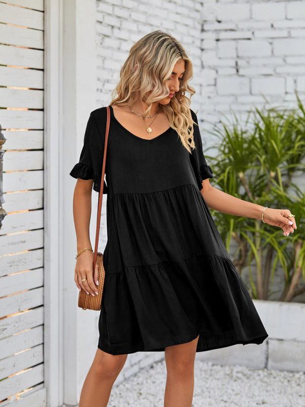 Casual V-Neck Babydoll Three Layer Pleated Dress