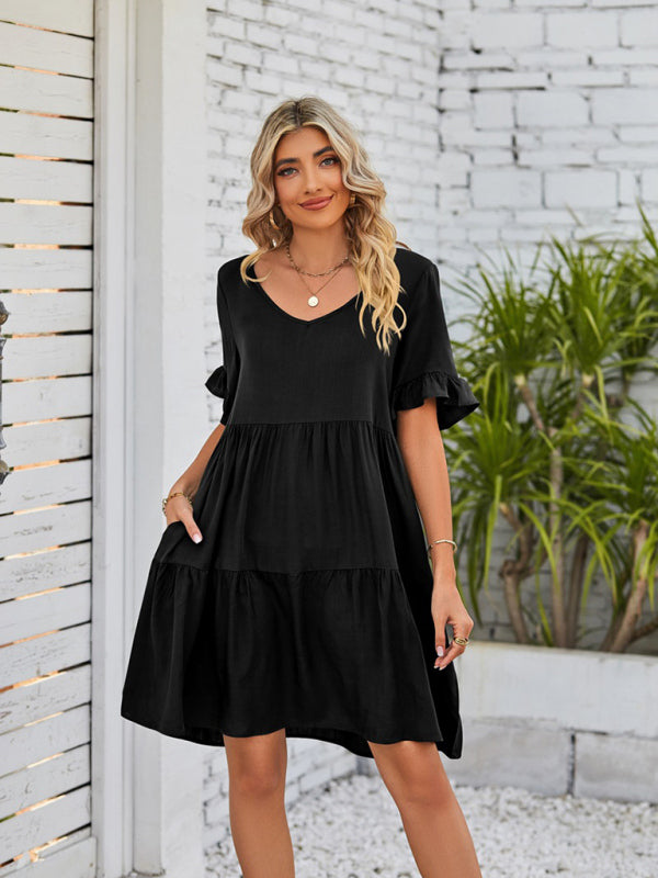 Casual V-Neck Babydoll Three Layer Pleated Dress