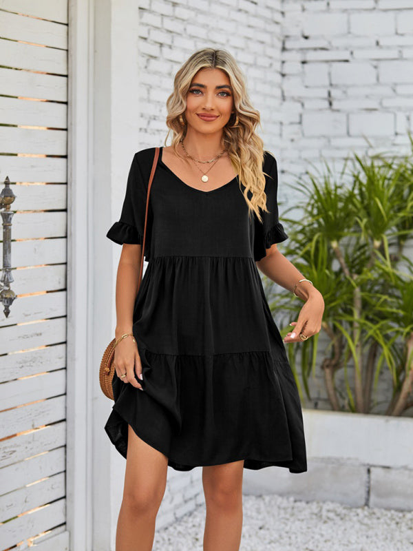 Casual V-Neck Babydoll Three Layer Pleated Dress