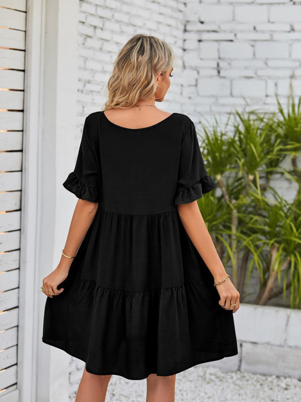 Casual V-Neck Babydoll Three Layer Pleated Dress