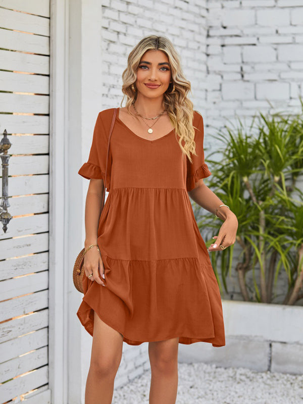 Casual V-Neck Babydoll Three Layer Pleated Dress
