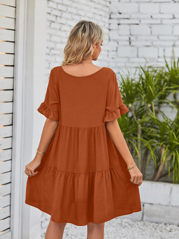 Casual V-Neck Babydoll Three Layer Pleated Dress