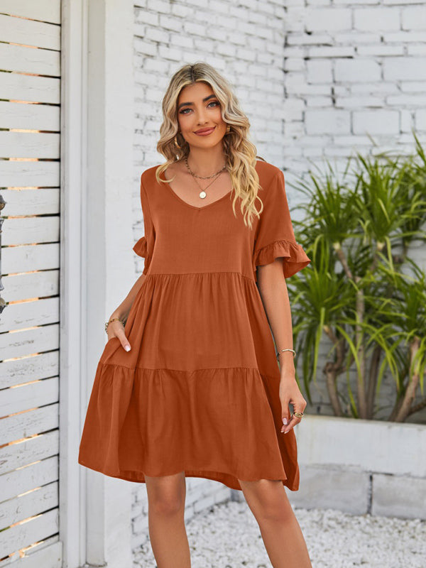 Casual V-Neck Babydoll Three Layer Pleated Dress