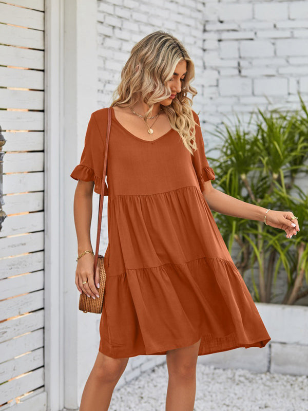 Casual V-Neck Babydoll Three Layer Pleated Dress