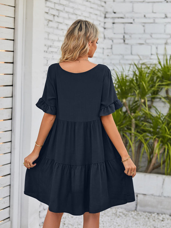 Casual V-Neck Babydoll Three Layer Pleated Dress