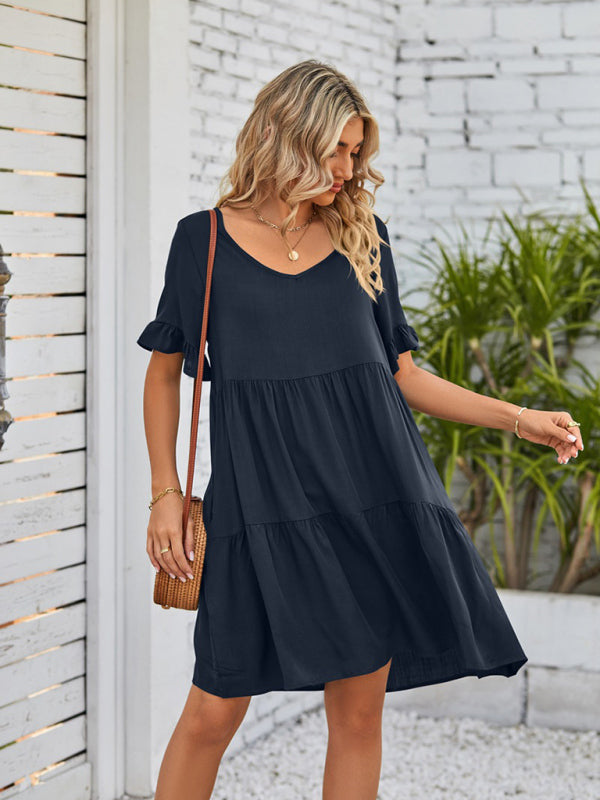 Casual V-Neck Babydoll Three Layer Pleated Dress