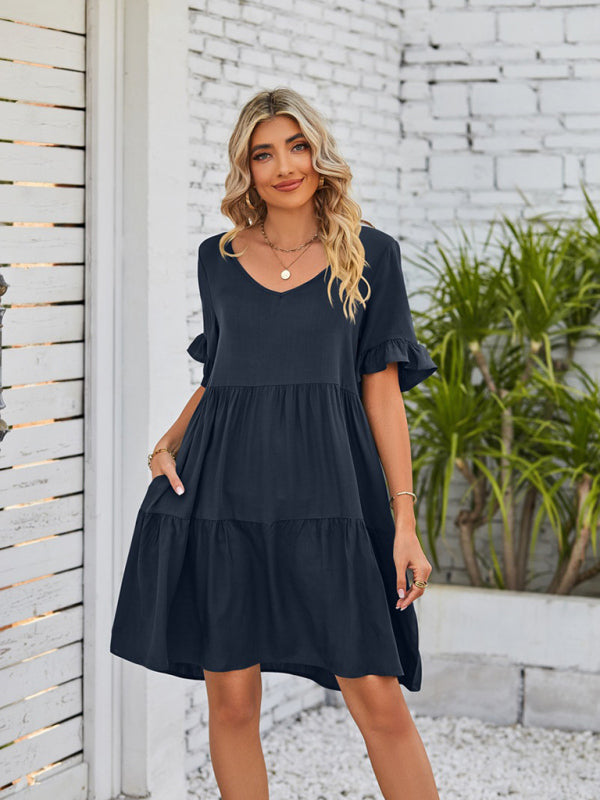 Casual V-Neck Babydoll Three Layer Pleated Dress