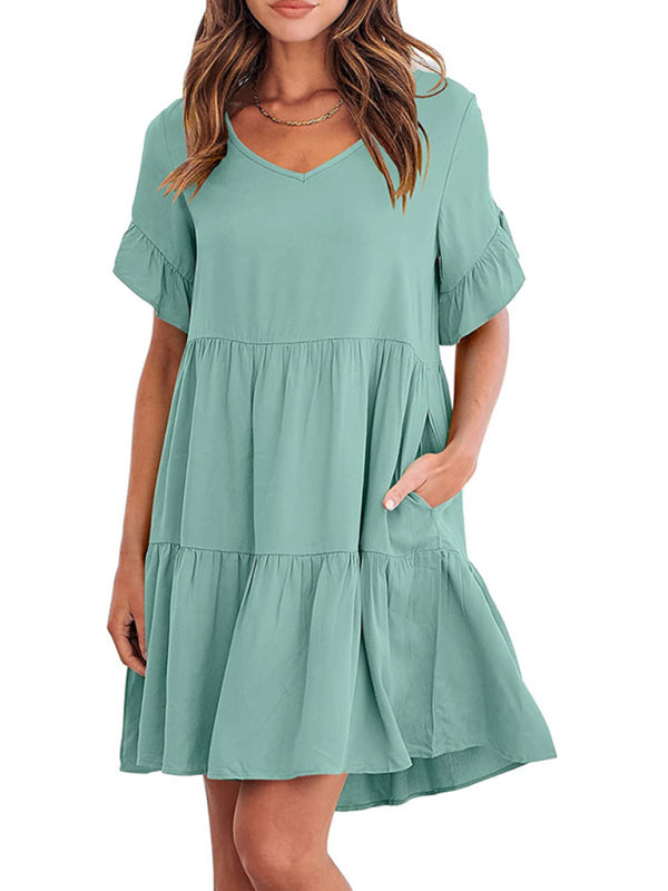 Casual V-Neck Babydoll Three Layer Pleated Dress