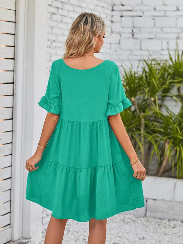 Casual V-Neck Babydoll Three Layer Pleated Dress