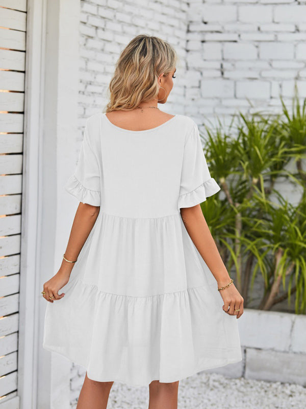 Casual V-Neck Babydoll Three Layer Pleated Dress