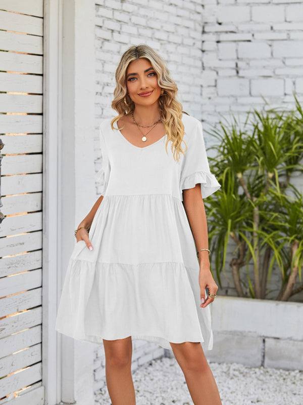 Casual V-Neck Babydoll Three Layer Pleated Dress