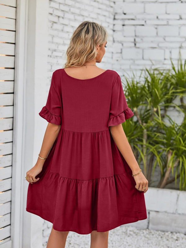 Casual V-Neck Babydoll Three Layer Pleated Dress
