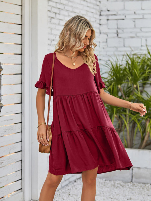 Casual V-Neck Babydoll Three Layer Pleated Dress