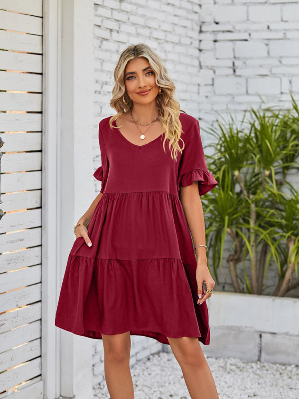 Casual V-Neck Babydoll Three Layer Pleated Dress