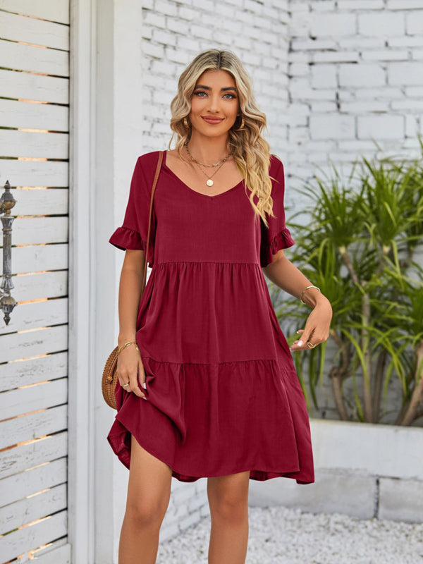 Casual V-Neck Babydoll Three Layer Pleated Dress