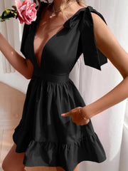 Solid Color Strap Shoulder Deep V Neck Ruffle Hem Dress
