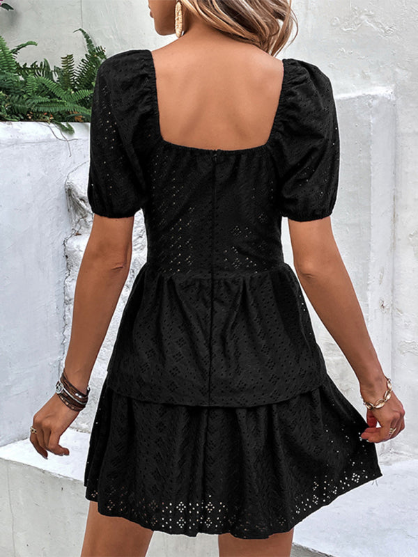 French Retro Solid Color Tunic Square Neck Puff Sleeves Layered Cake Dress